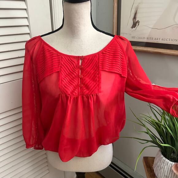 XOXO Blouse Womens Large Red Sheer Cropped Crochet Trim Retro Y2K Coquette - Picture 2 of 6